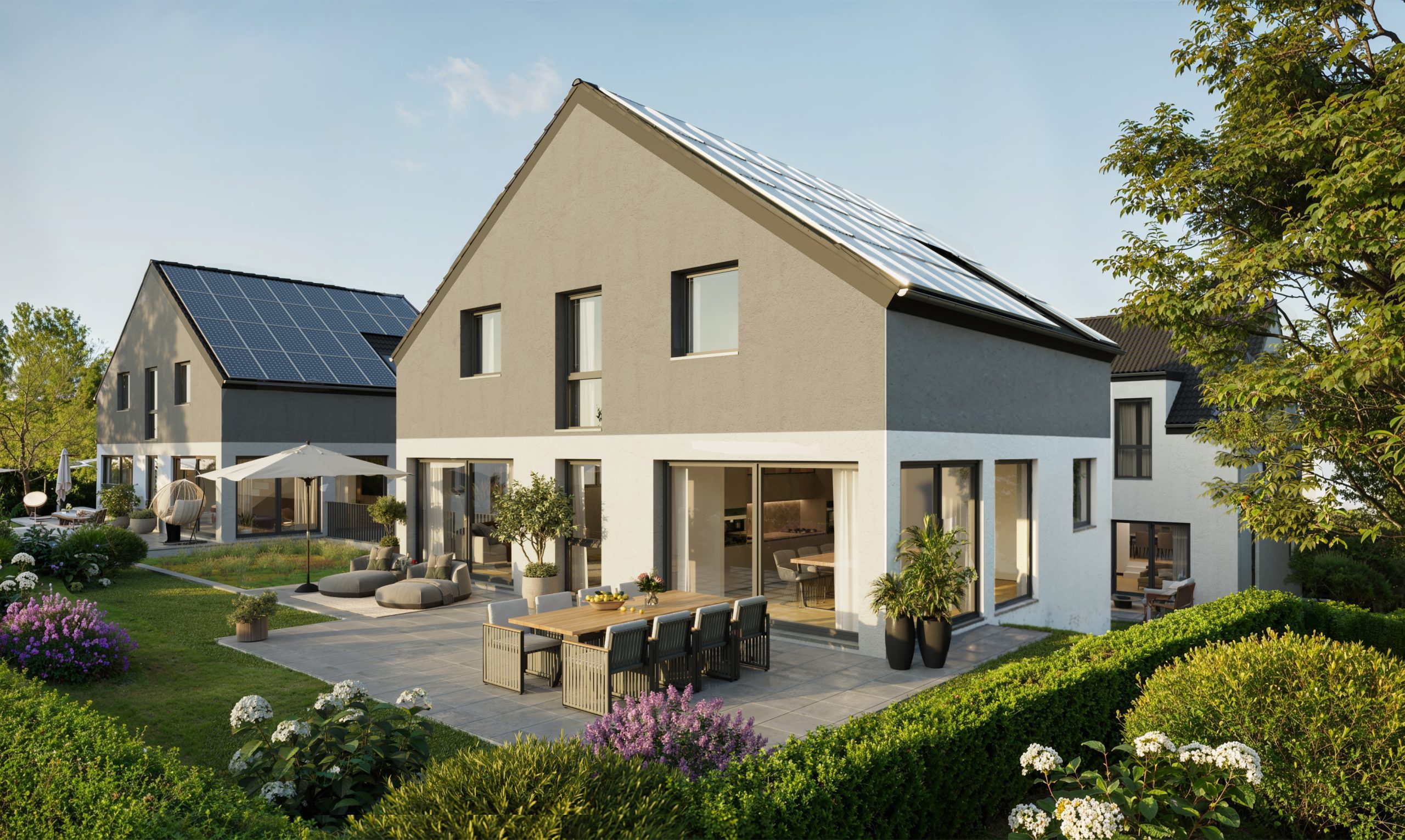 Visualisierung der massiv gebauten Haeuser mit Terrasse und Garten in Wimsheim